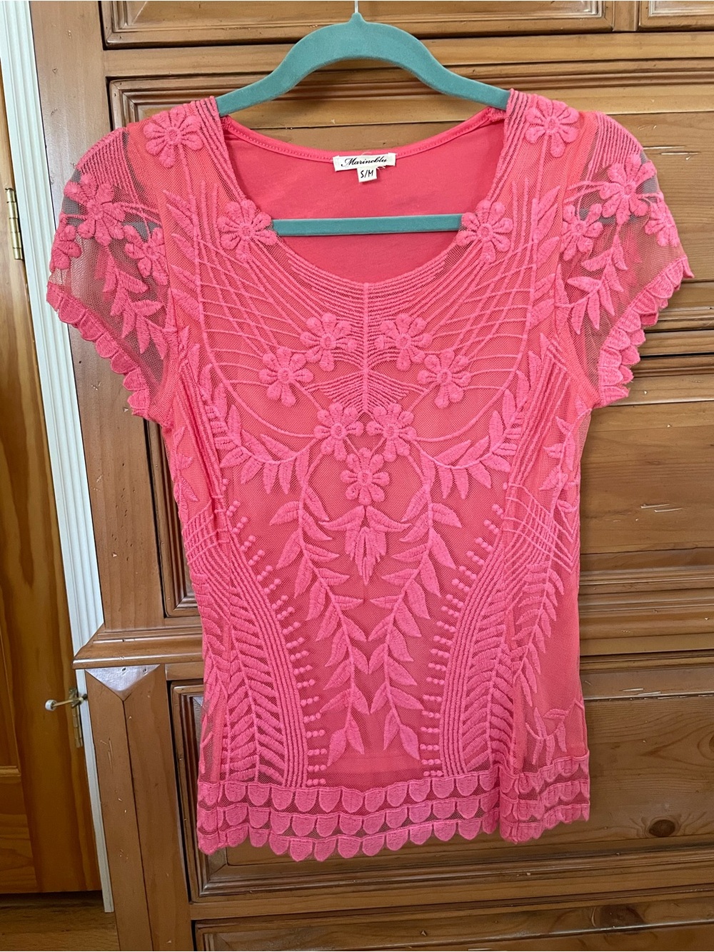 Women’s Marineblu Coral Pink Floral Embroidered Sheer Short Sleeve Top S/M ✨NEW✨